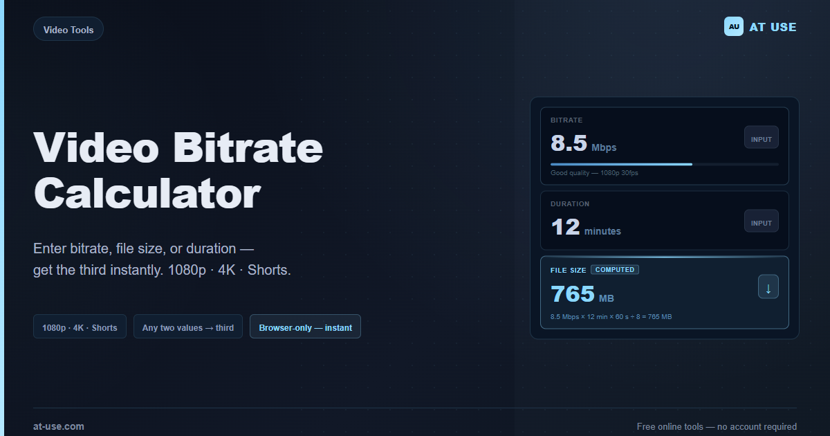 Bitrate Calculator Video Bitrate Calculator — Bitrate, File Size, Duration | AT USE