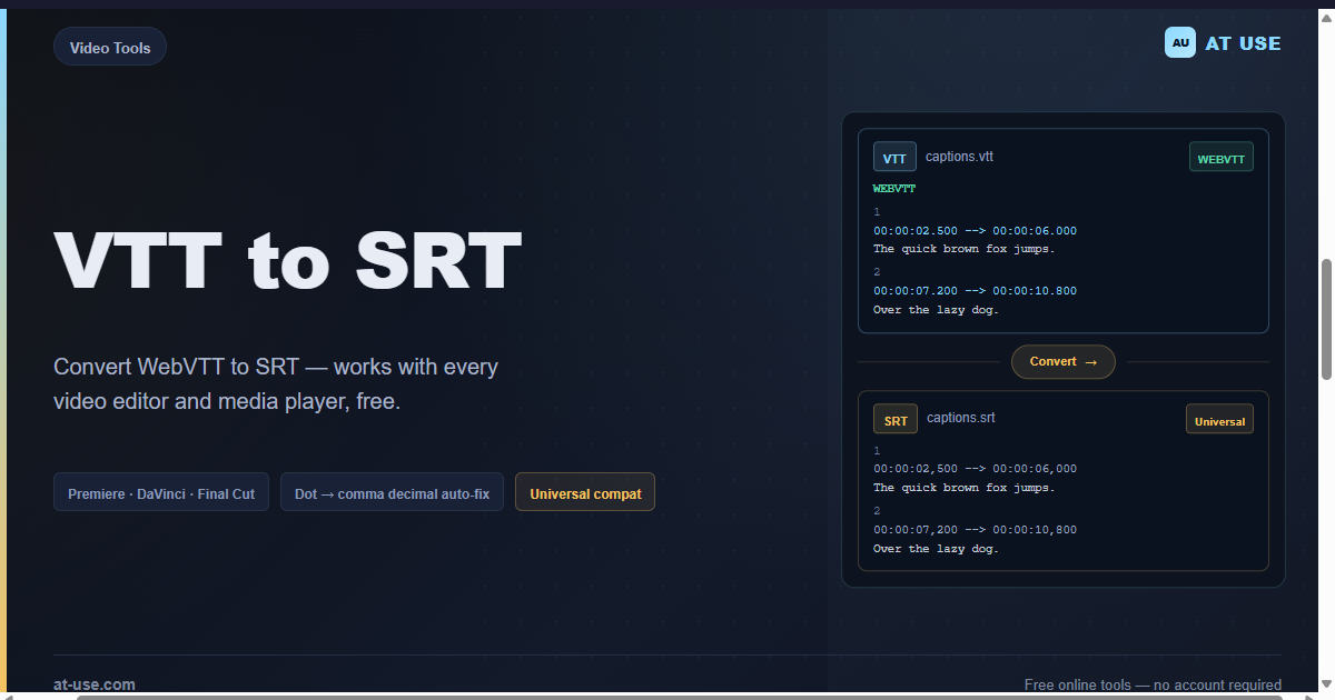 Vsrt Cat VTT to SRT Converter — Free, In-Browser | AT USE