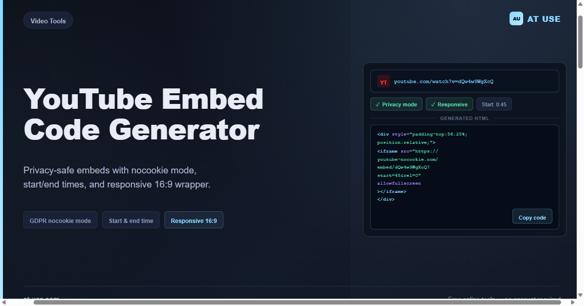 Free YouTube Embed Code Generator — Privacy Mode | AT USE