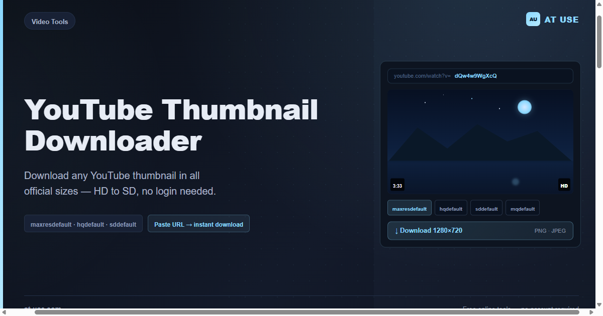YouTube Thumbnail Downloader — Free, All Sizes (No Login) | AT USE